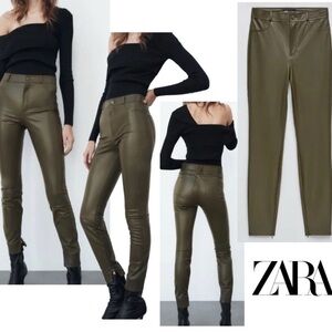 Zara olive khaki green faux leather high-rise leggings Sz M NWOT pleather vegan